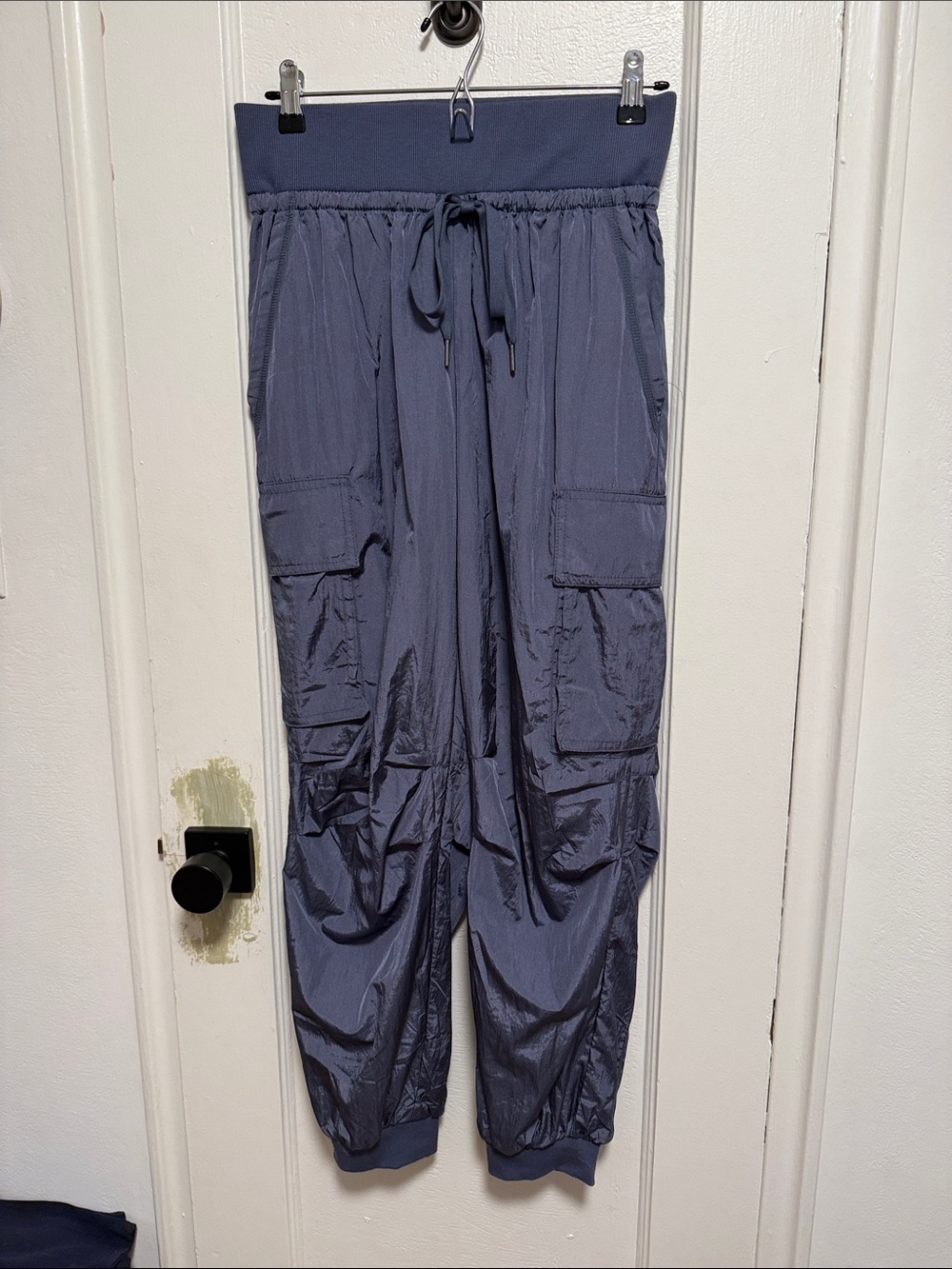 High-Waist Slate Blue Cargo Joggers with Drawstring